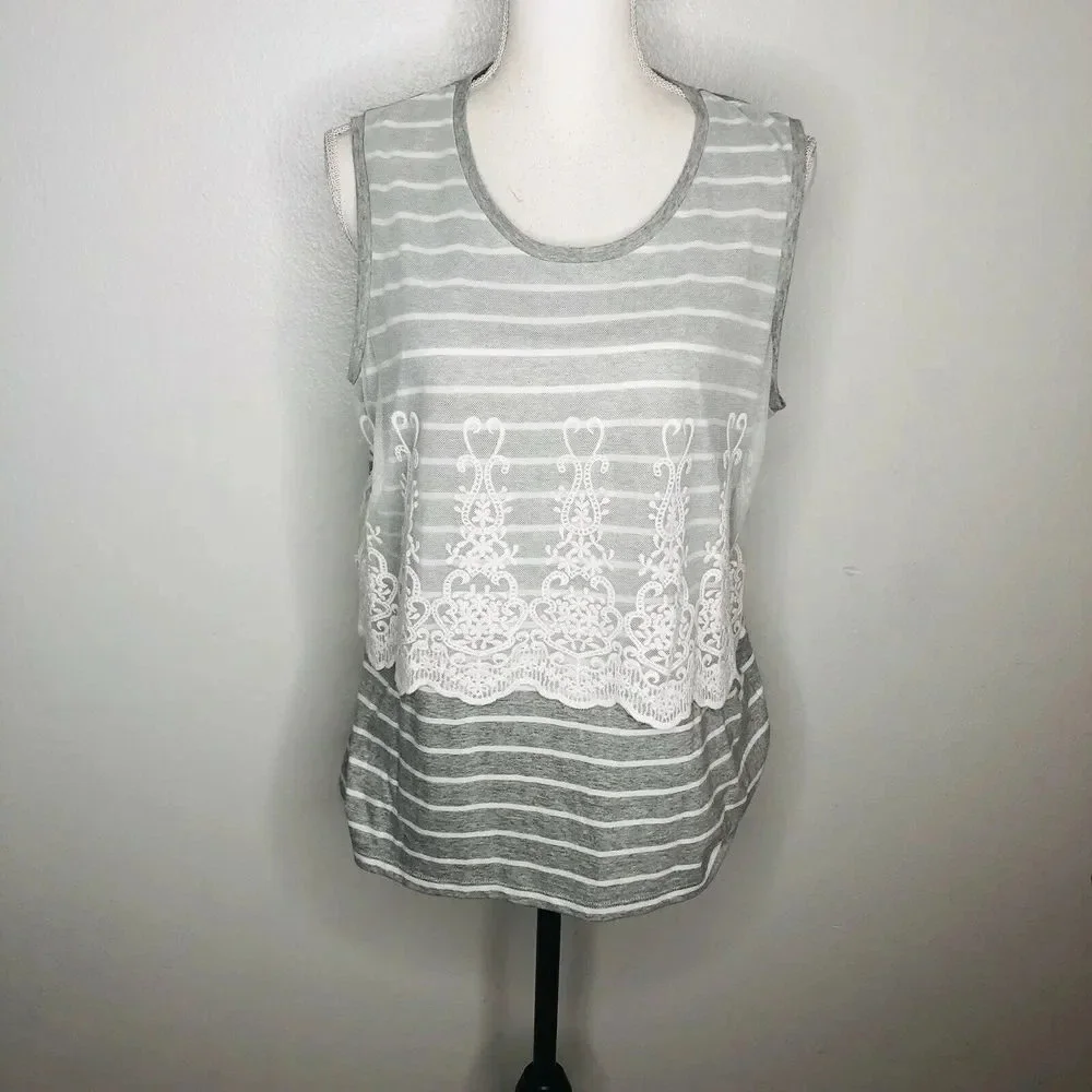 J. Crew Gray White Eyelet Lace Sleeveless shirt Lg